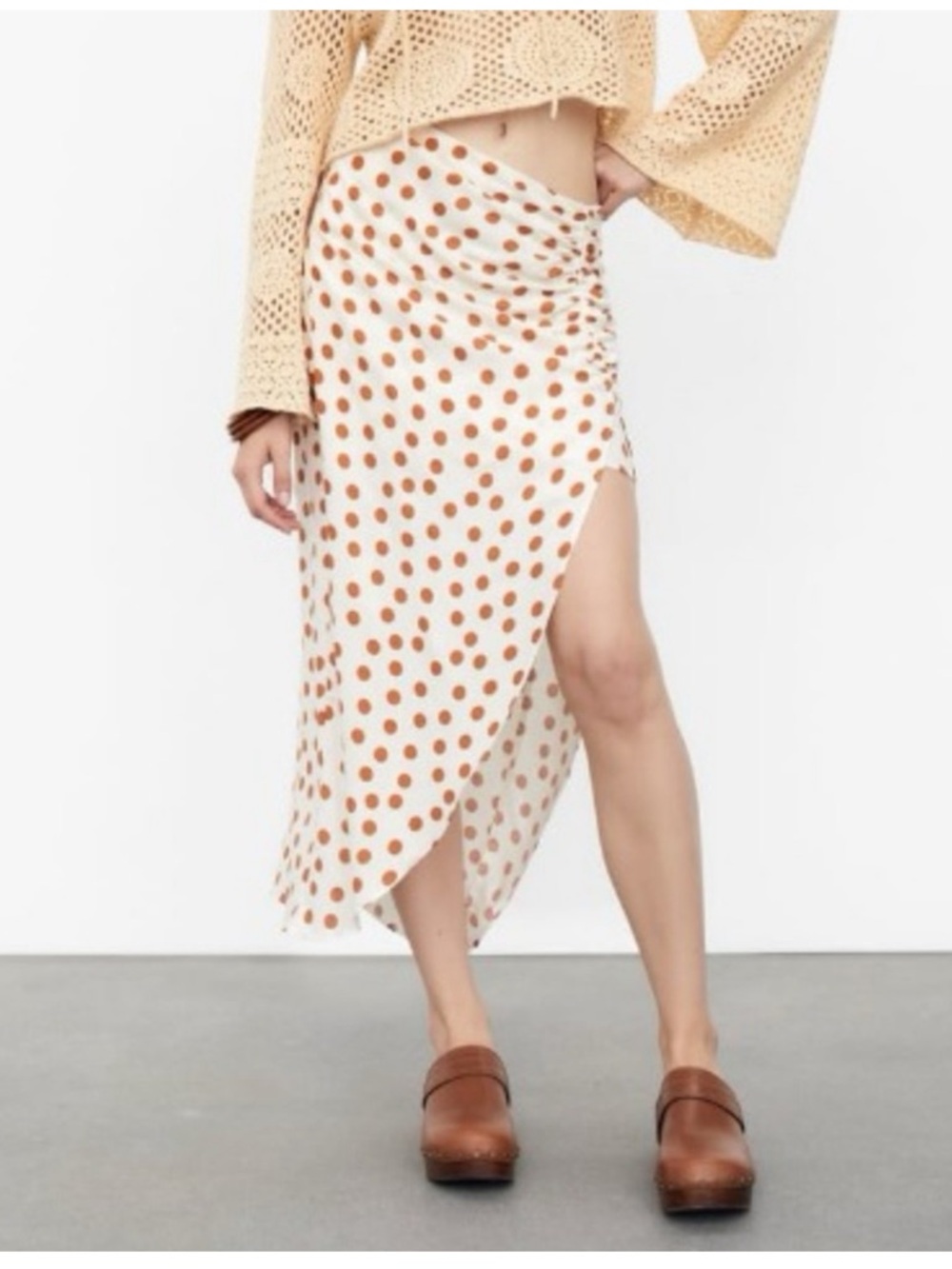Zara White Maxi Skirt with Brown Polka Dots